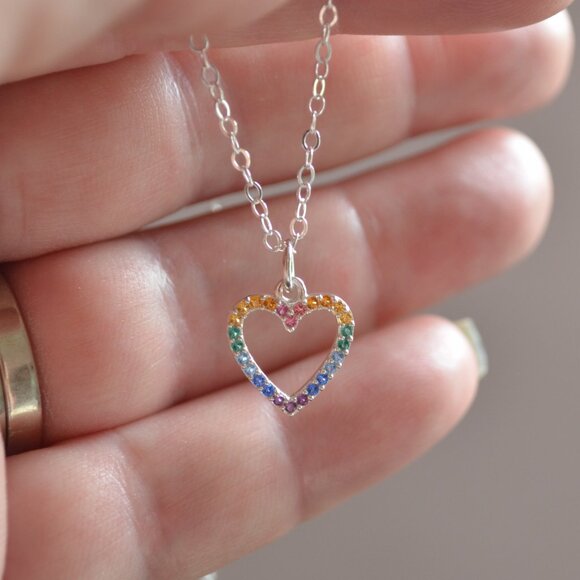 Rainbow Heart Necklace for Girls with Cubic Zirconia - Picture 7 of 10